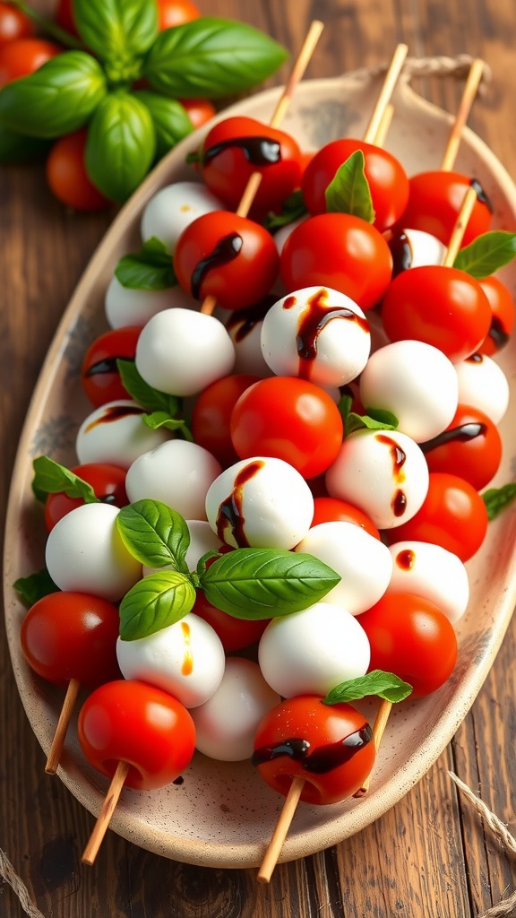 Caprese skewers with cherry tomatoes, mozzarella, and basil drizzled with balsamic glaze on a wooden platter.